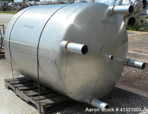 Used Tank, 375 Gallon, 304 Stainless Steel, Vertical. Approximately 46" diameter x 48" straight side, dish top and bottom. Openings top 18" manway, no cover, (2) 4" tri-clamp, (2) 2" tri-clamp, 8" of...