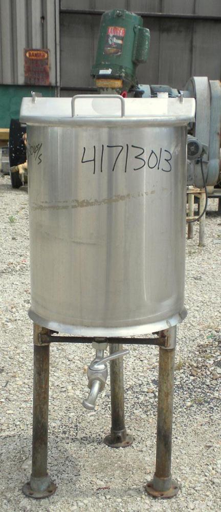 Used Tank, 30 Gallon, 304 stainless steel, vertical. 19" diameter x 23" straight side, flat top with 1 piece hinged cover, sloped bottom. Mixco Mixer clamp on agitator, 5/8" diameter shaft with a 3" ...