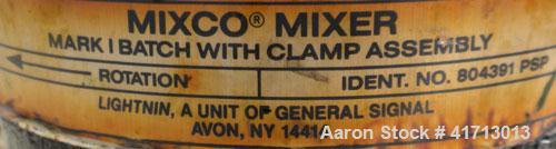 Used Tank, 30 Gallon, 304 stainless steel, vertical. 19" diameter x 23" straight side, flat top with 1 piece hinged cover, sloped bottom. Mixco Mixer clamp on agitator, 5/8" diameter shaft with a 3" ...
