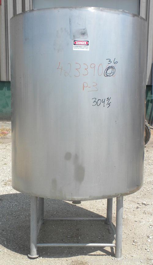Used Tank, Approximately 450 Gallon, 304 Stainless Steel, Insulated, Vertical. 45" Diameter x 60" straight side, open top, no cover, slight cone bottom. 3" Sanitary center bottom outlet. Approximate ...