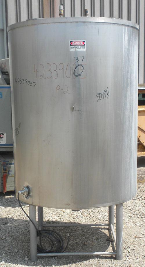 Used Tank, Approximate 450 Gallon, 304 Stainless Steel, Vertical. 45" Diameter x 60" straight side, open top, no cover, slight cone bottom. 3" Sanitary center bottom outlet. Approximate 13" discharge...