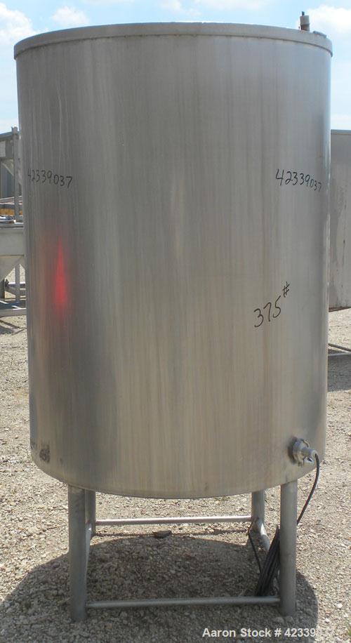 Used Tank, Approximate 450 Gallon, 304 Stainless Steel, Vertical. 45" Diameter x 60" straight side, open top, no cover, slight cone bottom. 3" Sanitary center bottom outlet. Approximate 13" discharge...