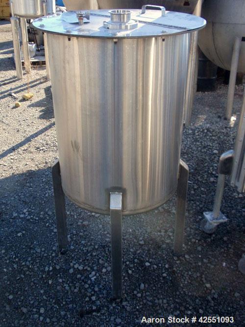 Used Tank, 55 Gallon, Stainless Steel. Approximate 24" diameter x 30" straight side, open top with cover, dished bottom, 2" center bottom outlet, on stainless steel legs. PRICE INCLUDES A 15% BUYERS ...