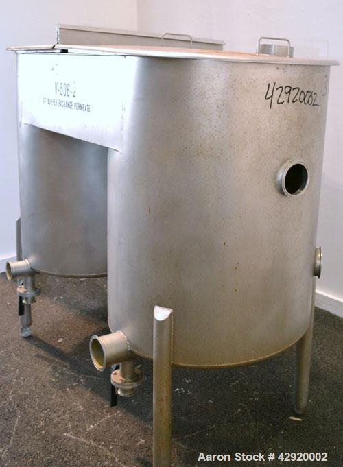 Used Dual Holding Tank, Approximately 200 Total Gallon, 304 Stainless Steel, Vertical. Consisting of (2) 30’’ diameter x 24’’ deep tanks, sloped bottoms. (1) 11’’ deep oval top common section with (2...