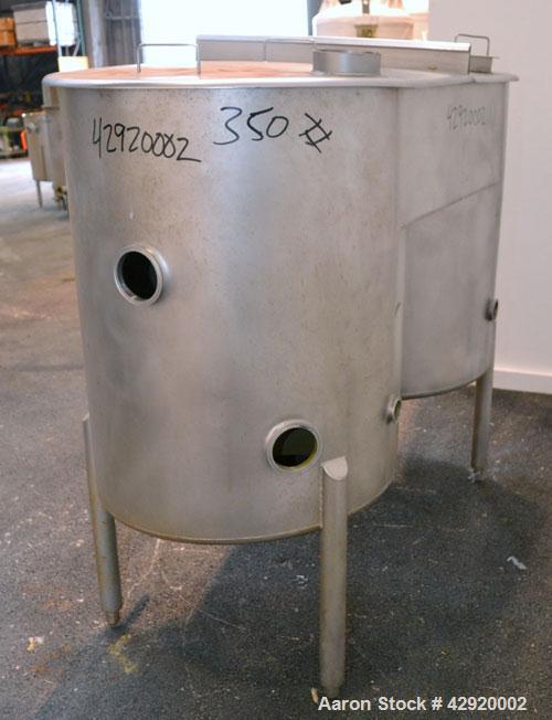 Used Dual Holding Tank, Approximately 200 Total Gallon, 304 Stainless Steel, Vertical. Consisting of (2) 30’’ diameter x 24’’ deep tanks, sloped bottoms. (1) 11’’ deep oval top common section with (2...