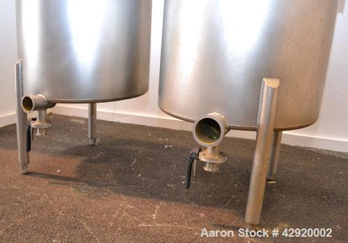 Used Dual Holding Tank, Approximately 200 Total Gallon, 304 Stainless Steel, Vertical. Consisting of (2) 30’’ diameter x 24’’ deep tanks, sloped bottoms. (1) 11’’ deep oval top common section with (2...