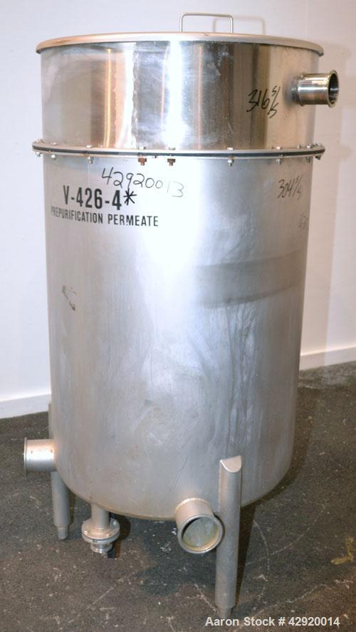 Used Tank, 110 Gallon, 304 Stainless Steel, Vertical. 30’’ Diameter x 36’’ straight side. Flat open top with a 1 piece cover, sloped bottom. Top bolt on 10’’ 316 stainless steel extension with a 3’’ ...