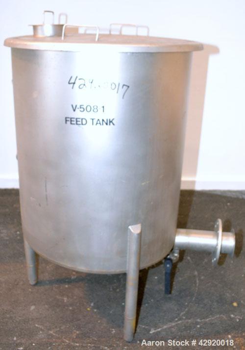 Used Tank, 110 Gallon, 304 Stainless Steel, Vertical. 30 Diameter x 36 straight side. Flat open top with a 1 piece cover, sloped bottom. Openings side 2 tri-clamp, 3 tri-clamp, 4 tri-clamp, 4 side bo...