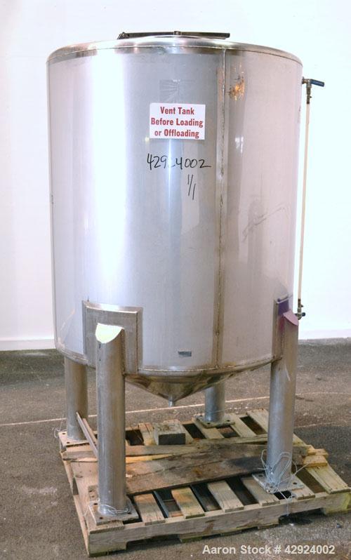 Used Sanitary Stainless Welding Tank, 325 Gallon, 304 Stainless Steel, Vertical. Approximate 44’’ diameter x 48’’ straight side. Flat top, coned bottom. Openings top (2) 1-1/2’’ tri-clamp, 15’’ man w...