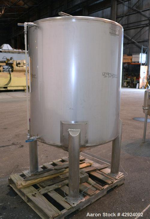 Used Sanitary Stainless Welding Tank, 325 Gallon, 304 Stainless Steel, Vertical. Approximate 44’’ diameter x 48’’ straight side. Flat top, coned bottom. Openings top (2) 1-1/2’’ tri-clamp, 15’’ man w...