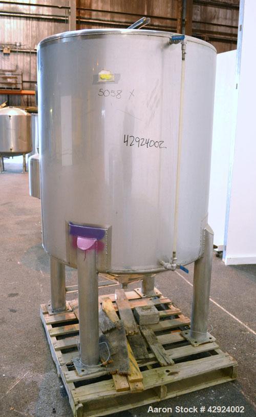Used Sanitary Stainless Welding Tank, 325 Gallon, 304 Stainless Steel, Vertical. Approximate 44’’ diameter x 48’’ straight side. Flat top, coned bottom. Openings top (2) 1-1/2’’ tri-clamp, 15’’ man w...