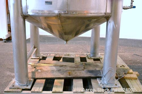 Used Sanitary Stainless Welding Tank, 325 Gallon, 304 Stainless Steel, Vertical. Approximate 44’’ diameter x 48’’ straight side. Flat top, coned bottom. Openings top (2) 1-1/2’’ tri-clamp, 15’’ man w...