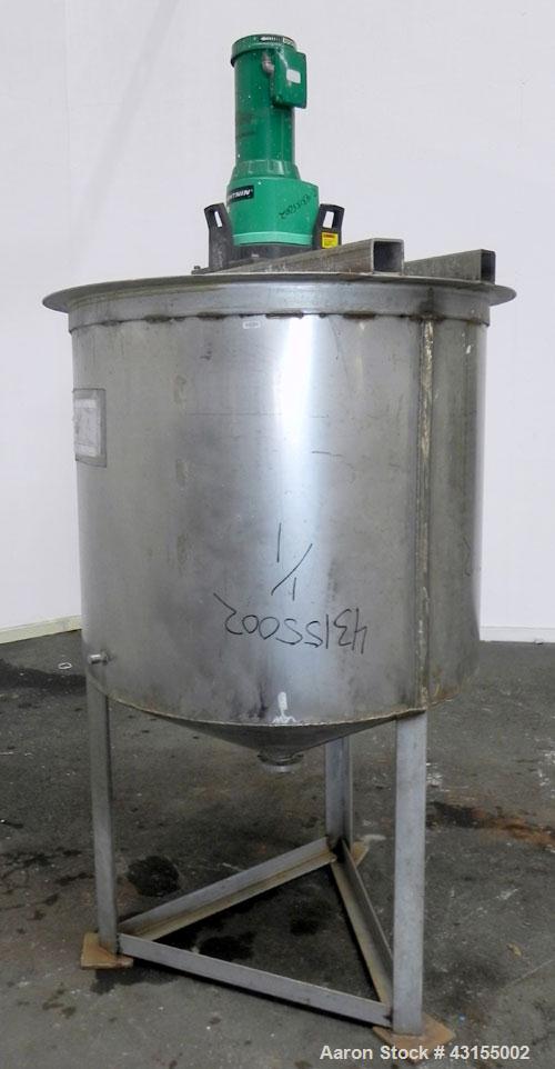 Used Tank, 275 Gallon, 304 Stainless Steel, Vertical. Approximate 44-3/4" diameter x 40" straight side, open top, no cover, coned bottom. Welded stainless steel agitator bridge. Top mounted Lightnin ...