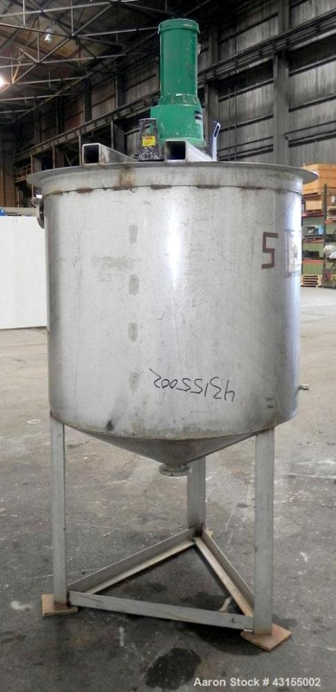 Used Tank, 275 Gallon, 304 Stainless Steel, Vertical. Approximate 44-3/4" diameter x 40" straight side, open top, no cover, coned bottom. Welded stainless steel agitator bridge. Top mounted Lightnin ...