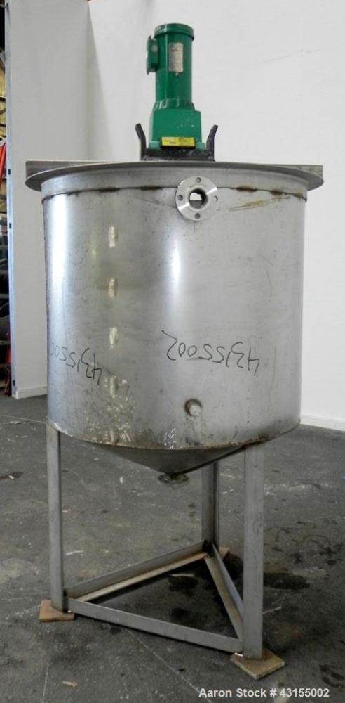 Used Tank, 275 Gallon, 304 Stainless Steel, Vertical. Approximate 44-3/4" diameter x 40" straight side, open top, no cover, coned bottom. Welded stainless steel agitator bridge. Top mounted Lightnin ...