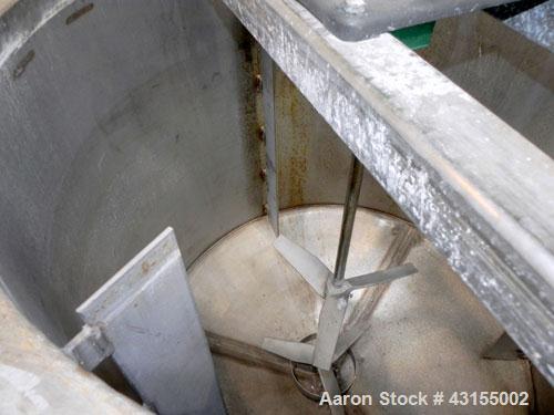 Used Tank, 275 Gallon, 304 Stainless Steel, Vertical. Approximate 44-3/4" diameter x 40" straight side, open top, no cover, coned bottom. Welded stainless steel agitator bridge. Top mounted Lightnin ...
