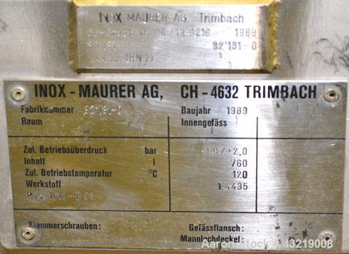 Used Inox-Maurer AG Tank, 760 Liter (200 Gallon), 316L Stainless Steel, Horizontal. Approximate 31” diameter x 51” straight side, dished ends. Internal rated -1/2 bar (-14.50/29 psi) at 120 degrees C...