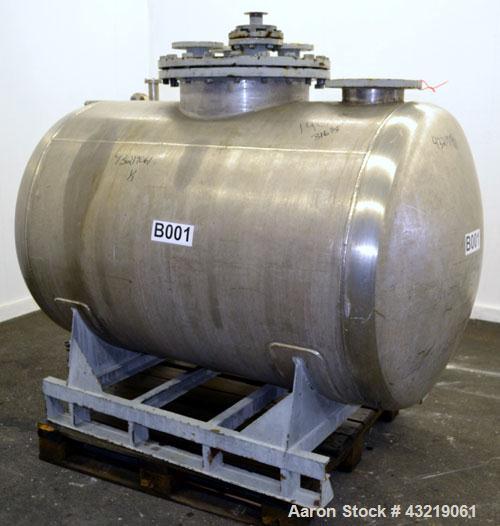 Used Inox AG Pressure Tank, 1600 Liter (422 Gallon), 316L Stainless Steel, Horizontal. Approximate 44” diameter x 54” straight side, dished ends. Internal rated -1/2 bar (-14.5/28 psi) at 50 degrees ...