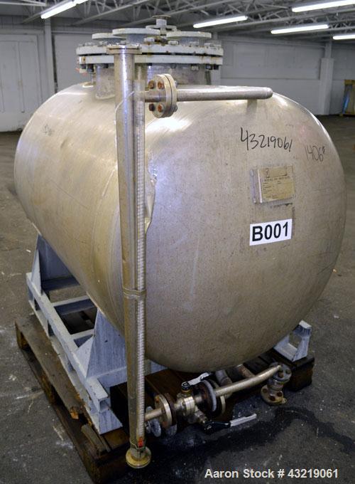 Used Inox AG Pressure Tank, 1600 Liter (422 Gallon), 316L Stainless Steel, Horizontal. Approximate 44” diameter x 54” straight side, dished ends. Internal rated -1/2 bar (-14.5/28 psi) at 50 degrees ...
