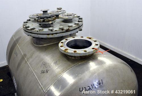 Used Inox AG Pressure Tank, 1600 Liter (422 Gallon), 316L Stainless Steel, Horizontal. Approximate 44” diameter x 54” straight side, dished ends. Internal rated -1/2 bar (-14.5/28 psi) at 50 degrees ...