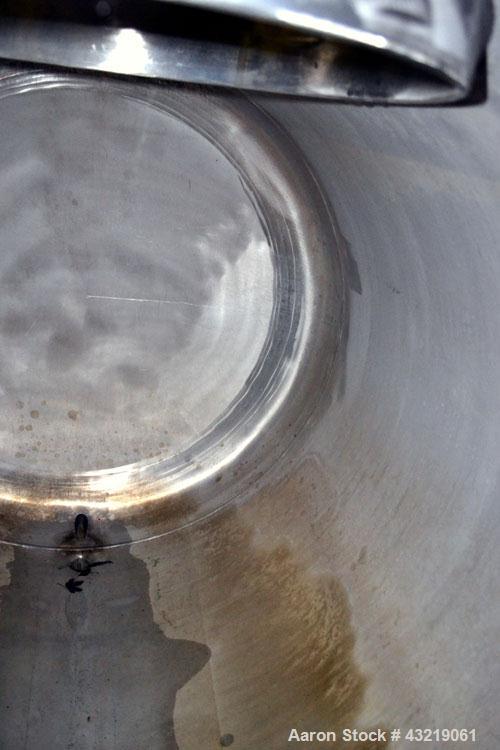 Used Inox AG Pressure Tank, 1600 Liter (422 Gallon), 316L Stainless Steel, Horizontal. Approximate 44” diameter x 54” straight side, dished ends. Internal rated -1/2 bar (-14.5/28 psi) at 50 degrees ...