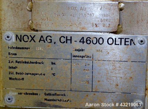 Used Inox AG Pressure Tank, 1600 Liter (422 Gallon), 316L Stainless Steel, Horizontal. Approximate 44” diameter x 54” straight side, dished ends. Internal rated -1/2 bar (-14.5/28 psi) at 50 degrees ...