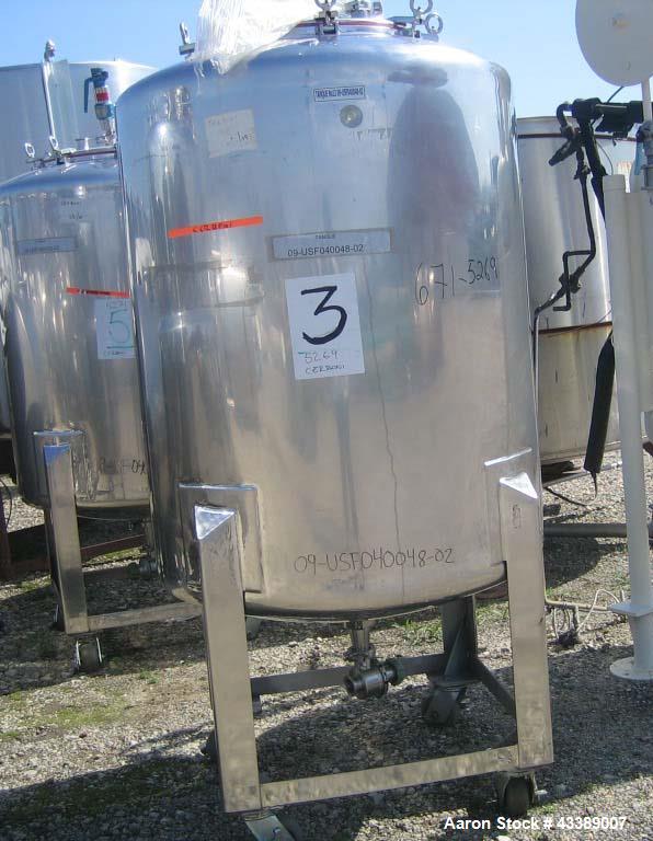 Used Tank, Approximate 160 Gallon, Electropolished Stainless Steel. 32" Diameter x 38" straight side. 18" Top bolt on man way, 2" bottom outlet. Mounted on wheels.