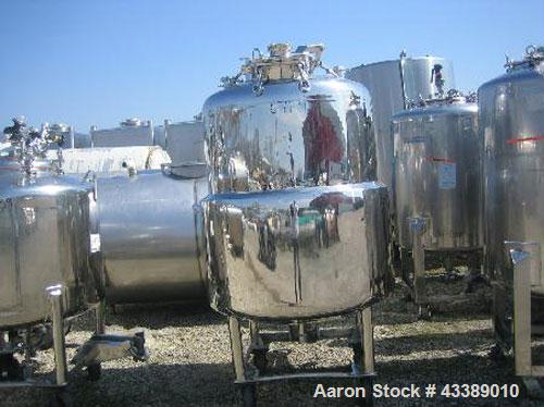 Used Tank, Approximately 160 Gallon, Electropolished Stainless Steel. 34" Diameter x 38" straight side. (3) Baffles, 11" top bolt-on manway, 2" bottom outlet. Mounted on wheels.