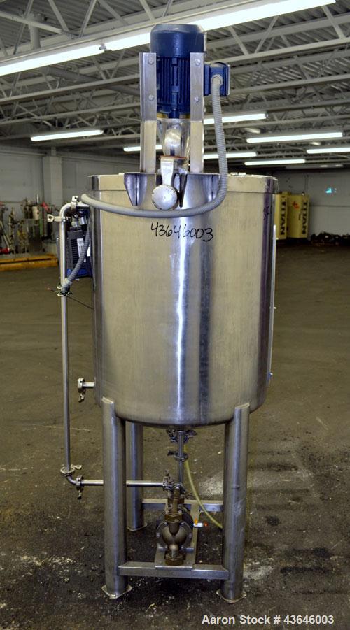 Used Tank, 90 Gallon, 304 Stainless Steel, Vertical. Approximate 28" diameter x 32" straight side. Flat top with a  hinged cover, dished bottom. Sidewall sight glass (has cracks). Clamp on Agimex agi...