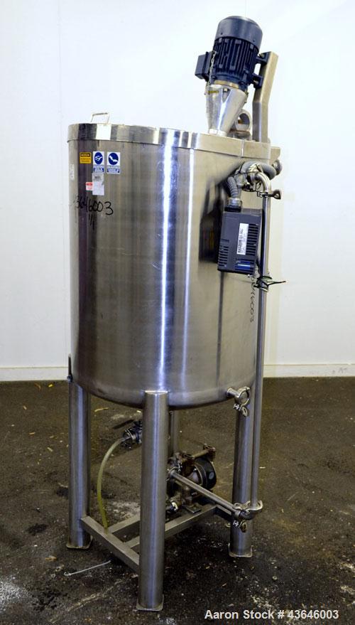 Used Tank, 90 Gallon, 304 Stainless Steel, Vertical. Approximate 28" diameter x 32" straight side. Flat top with a  hinged cover, dished bottom. Sidewall sight glass (has cracks). Clamp on Agimex agi...