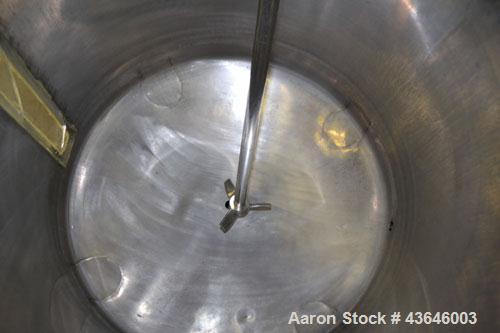 Used Tank, 90 Gallon, 304 Stainless Steel, Vertical. Approximate 28" diameter x 32" straight side. Flat top with a  hinged cover, dished bottom. Sidewall sight glass (has cracks). Clamp on Agimex agi...