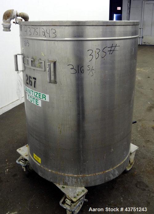 Used Tank, 200 Gallon, 316 Stainless Steel, Vertical.  Approximately 38" diameter x 47" straight side.  Open top with a 1 piece cover, 1/2" sloped bottom. 2-1/4" Side bottom outlet.  Skirt mounted wi...