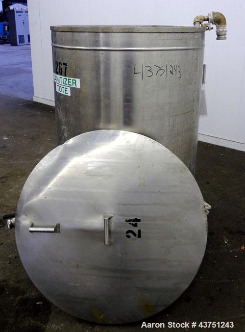 Used Tank, 200 Gallon, 316 Stainless Steel, Vertical.  Approximately 38" diameter x 47" straight side.  Open top with a 1 piece cover, 1/2" sloped bottom. 2-1/4" Side bottom outlet.  Skirt mounted wi...