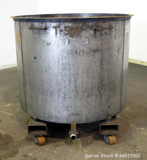 Used Tank, 400 Gallons, 301 Stainless Steel, Vertical. Approximate 54" diameter x 42" straight side, open top, no cover, slight coned bottom. 2" Center bottom outlet. Mounted on a carbon steel frame ...