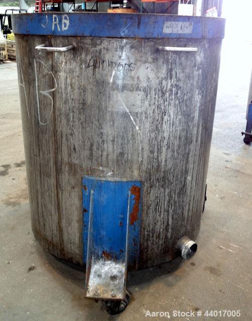 Used Tank, 400 Gallons, 304 Stainless Steel, Vertical. Approximate 49" diameter x 51" straight side, open top, no cover, sloped bottom. 4" Side bottom outlet. Mounted on a carbon steel legs with cast...