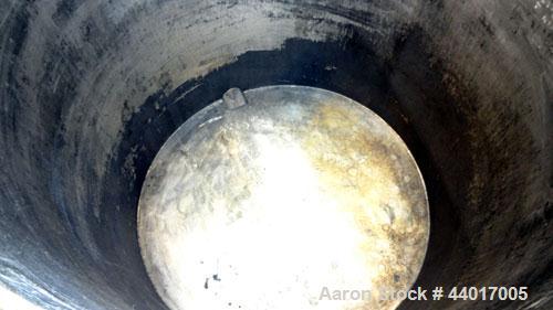 Used Tank, 400 Gallons, 304 Stainless Steel, Vertical. Approximate 49" diameter x 51" straight side, open top, no cover, sloped bottom. 4" Side bottom outlet. Mounted on a carbon steel legs with cast...