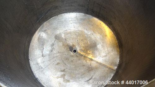 Used Tank, 300 Gallons, 301 Stainless Steel, Vertical. Approximate 48" diameter x 40" straight side, open top, no cover, coned bottom. 2" Center bottom outlet. Mounted on a carbon steel legs with cas...