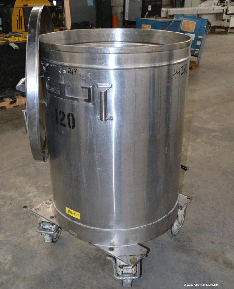 Used Tank, 100 Gallon, 304 Stainless Steel, Vertical. Approximate 31" diameter x 38" straight side. Open top with a 1 piece cover, 1" sloped bottom. 2-1/4" Side bottom outlet. Skirt mounted with cast...
