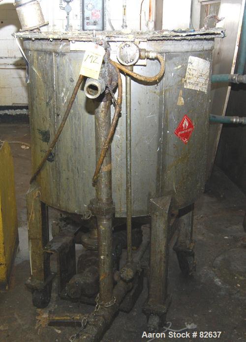 Used Tank, 300 Gallon, Stainless Steel, Vertical. 48" diameter x 48" straight side. Open top, sloped bottom. Approximately 3 hp rotary lobe pump mounted to bottom of tank. Tank mounted on casters.