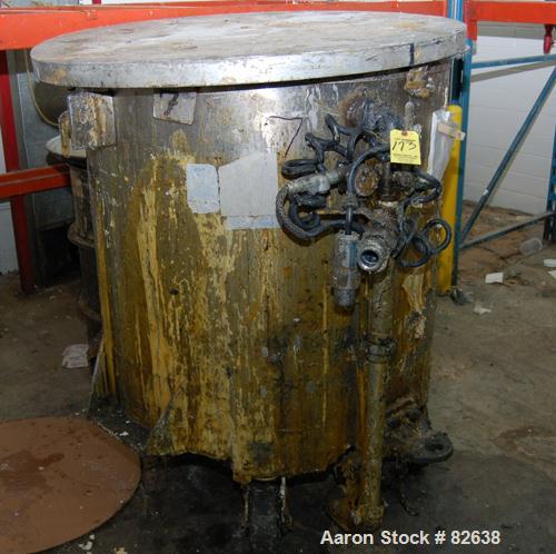 Used Tank, 300 Gallon, Stainless Steel, Vertical. 48" diameter x 48" straight side. Open top, sloped bottom. Approximately 3 hp rotary lobe pump mounted to bottom of tank. Tank mounted on casters.