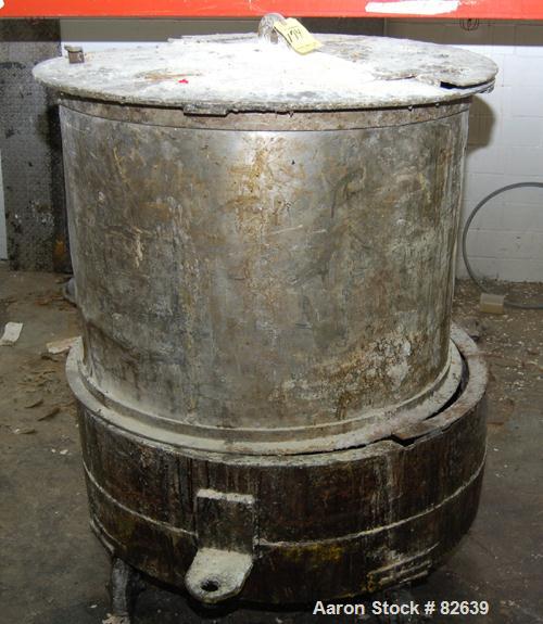 Used Tank, 300 Gallon, Stainless Steel, Vertical. 48" diameter x 48" straight side. Open top, sloped bottom. Approximately 3 hp rotary lobe pump mounted to bottom of tank. Tank mounted on casters.