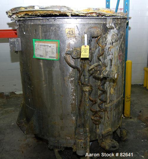Used Tank, 300 Gallon, Stainless Steel, Vertical. 48" diameter x 48" straight side. Open top, sloped bottom. Approximately 3 hp rotary lobe pump mounted to bottom of tank. Tank Mounted on casters.