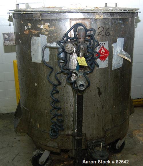 Used Tank, 300 Gallon, Stainless Steel, Vertical. 48" diameter x 48" straight side. Open top, sloped bottom. Approximately 3 hp rotary lobe pump mounted to bottom of tank. Tank Mounted on casters.
