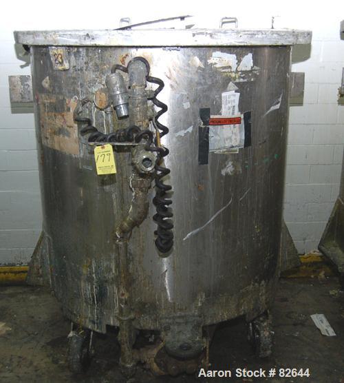 Used Tank, 300 Gallon, Stainless Steel, Vertical. 48" diameter x 48" straight side. Open top, sloped bottom. Approximately 3 hp rotary lobe pump mounted to bottom of tank. Tank mounted on casters.