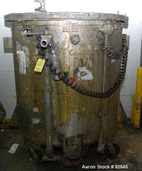 Used Tank, 300 Gallon, Stainless Steel, Vertical. 48" diameter x 48" straight side. Open top, sloped bottom. Approximately 3 hp rotary lobe pump mounted to bottom of tank. Tank mounted on casters.