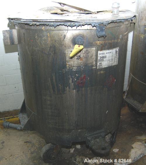 Used Tank, 300 Gallon, Stainless Steel, Vertical. 48" diameter x 48" straight side. Open top, sloped bottom. Approximately 3 hp rotary lobe pump mounted to bottom of tank. Tank mounted on casters.