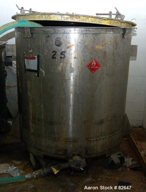 Used Tank, 300 Gallon, Stainless Steel, Vertical. 48" diameter x 48" straight side. Open top, sloped bottom. Approximately 3 hp rotary lobe pump mounted to bottom of tank. Tank Mounted on casters.