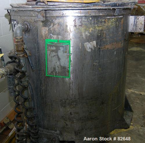 Used Tank, 300 Gallon, Stainless Steel, Vertical. 48" diameter x 48" straight side. Open top, sloped bottom. Approximately 3 hp rotary lobe pump mounted to bottom of tank. Tank mounted on casters.