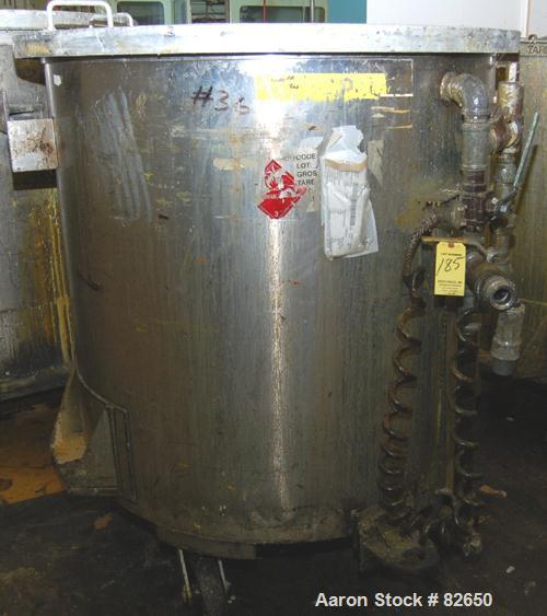 Used Tank, 300 Gallon, Stainless Steel, Vertical. 48" diameter x 48" straight side. Open top, sloped bottom. Approximately 3 hp rotary lobe pump mounted to bottom of tank. Tank Mounted on casters.