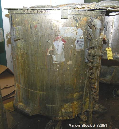 Used Tank, 300 Gallon, Stainless Steel, Vertical. 48" diameter x 48" straight side. Open top, sloped bottom. Approximately 3 hp rotary lobe pump mounted to bottom of tank. Tank mounted on casters.